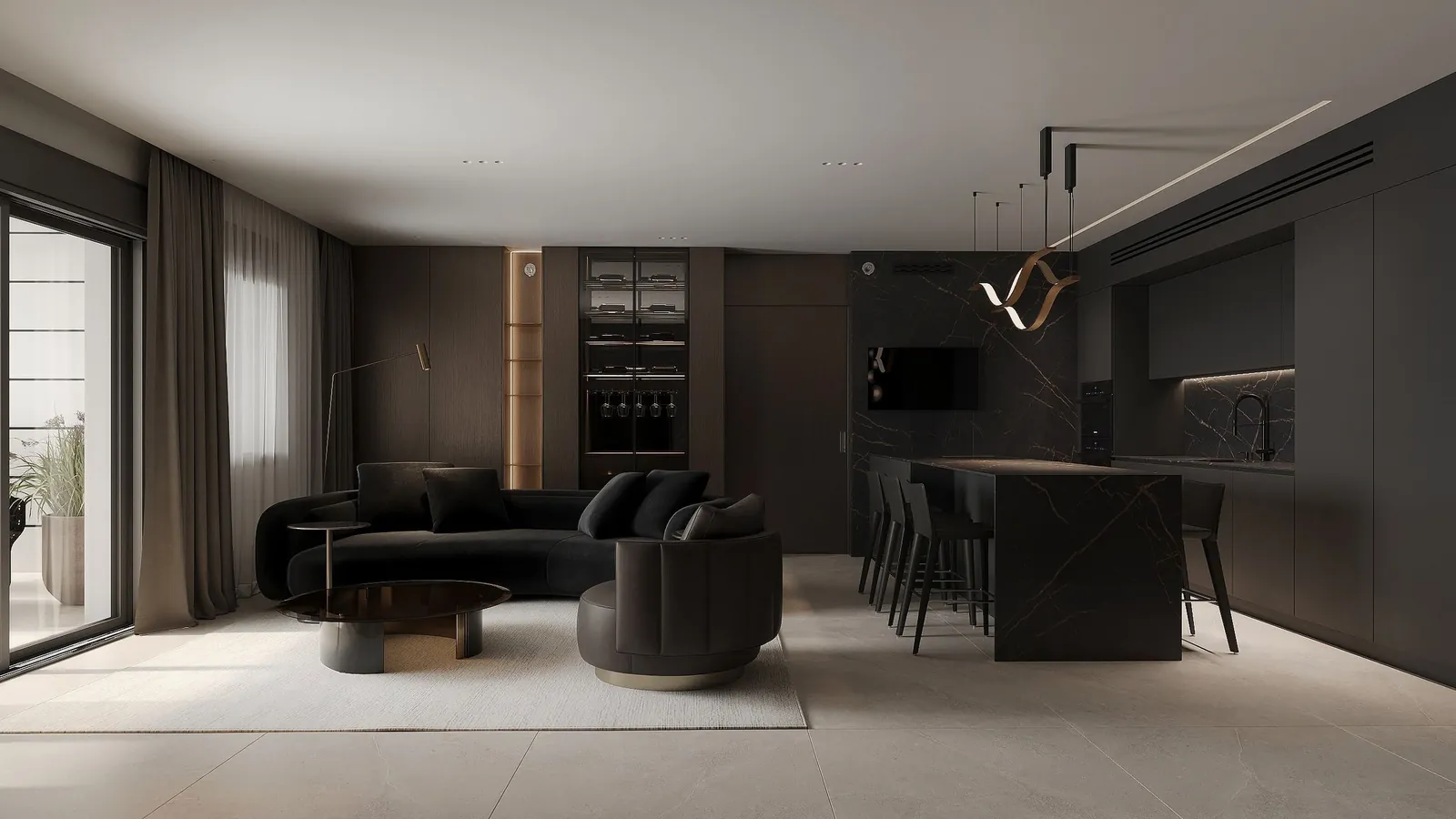 Living and kitchen space with marble and warm lighting